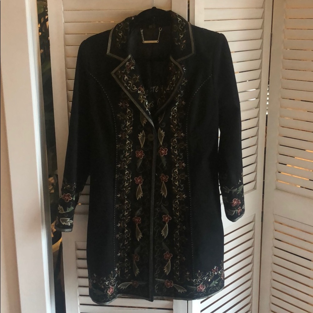 Black long coat with floral embroidery